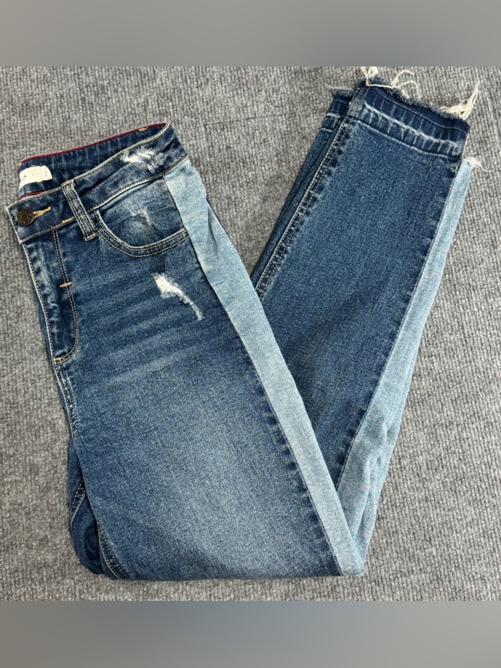 Cello Two Tone Side Stripe Skinny Jeans 3 High Rise Released Raw Hem Distressed